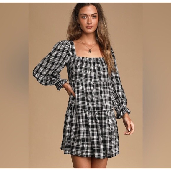 Lulus Dresses & Skirts - Lulus Baby Plaid That Song Black White Plaid Tiered Babydoll Dress Size XL Rayon